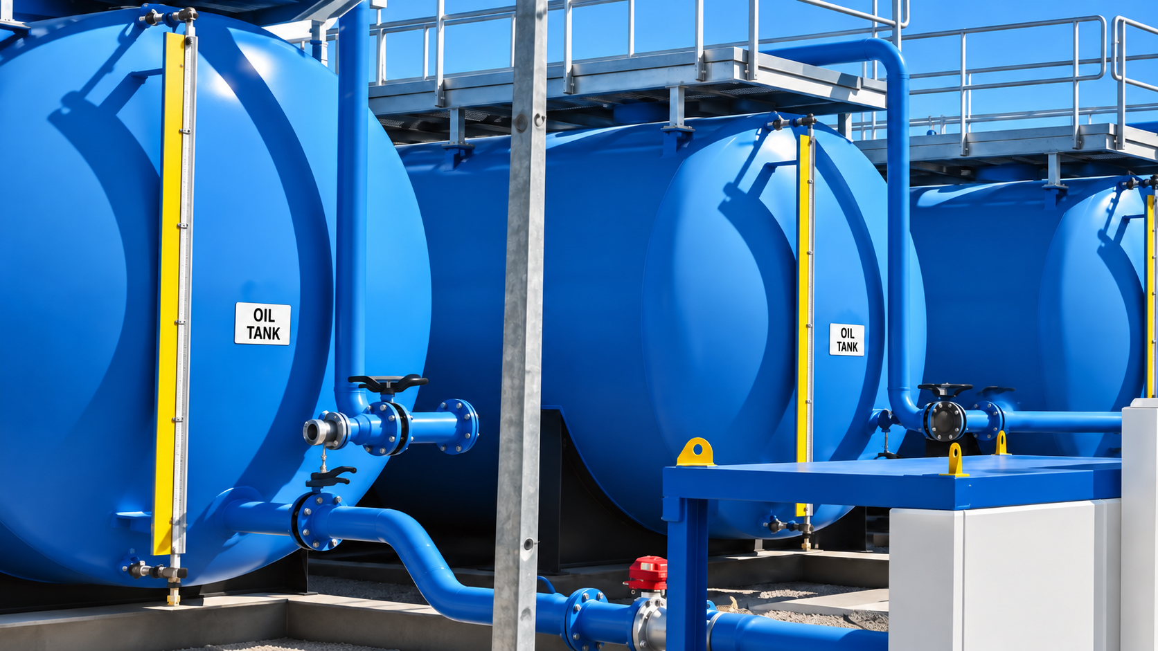 Blue industrial oil tanks and pipework